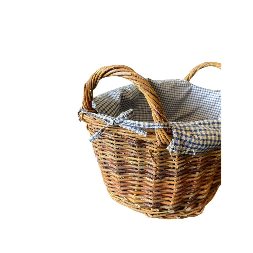 Vintage Wicker‎ Basket w/ Blue Gingham Liner Farmhouse Country Decor
